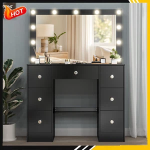 Black Dressing Desk with 3 Light Colors LED Lighted Makeup Mirror and 7 Drawers - Picture 1 of 10
