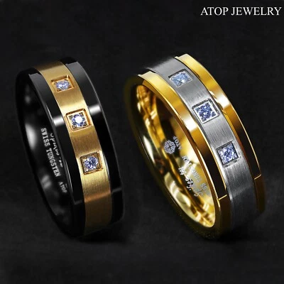 8mm Black/Gold Tungsten Ring Brushed Cubic Zirconia ATOP Men's Wedding Band - Image 1 of 4
