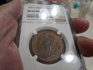 1901 Penny GREAT BRITAIN Queen Victoria NGC MS-64 BN Veiled Head Copper - Picture 1 of 6