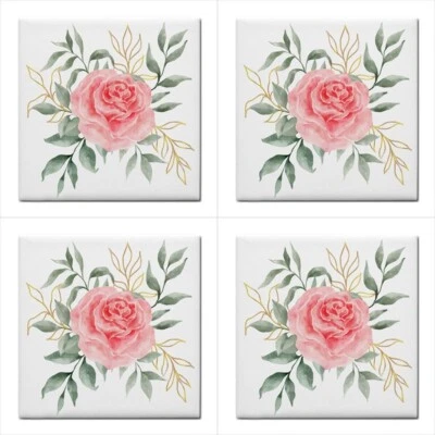 Pink Rose Ceramic Tile Set Of 4 Vintage Art Style Backsplash Tiles 4.25 In - Image 1 of 3