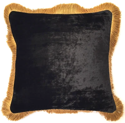 Anke Drechsel Cushion PLAIN Gold Fringe Black Silk Velvet Kissen Schwarz - Bild 1 von 4