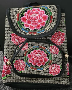 EMBROIDERED small FLORAL BACKPACK drawstring ADJUSTABLE fabric BOHO hippie BLACK - Picture 1 of 8