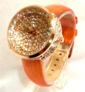 Reloj de Pulsera Geneva Estrás Estuche Cara Oro Naranja Gator Correa Cuero Genuino - Imagen 1 de 5