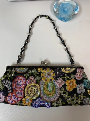 Vintage Purse Beaded Black Multicolor Sequin Bead Kiss Lock Y2K 90s Satin Lined - Image 1 of 4