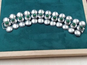 Mexico Old Silver Link Bracelet w. Cabochon Green Turquoise Stones: 7.25" Long - Picture 1 of 15