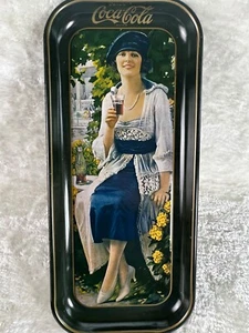 Vintage 1973 Coca Cola Rectangular Tin Serving Tray with Woman in Blue Dress - Picture 1 of 3