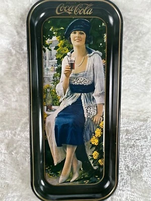Vintage 1973 Coca Cola Rectangular Tin Serving Tray with Woman in Blue Dress - Image 1 of 3