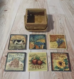 Coasters Country FarmCow Sunflower Berries Apples Honey W/Basket 6 Thirstystone - Picture 1 of 4