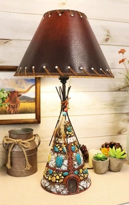 Southwestern Indian Teepee Hut Dreamcatcher Feathers Turquoise Rocks Table Lamp - Image 1 of 4