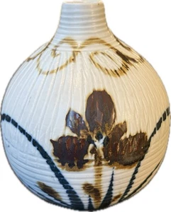 Abstrakte Blumenvase blau Wirbel handbemalt glasiert Kunstkeramik Ton Toyo Japan - Bild 1 von 9