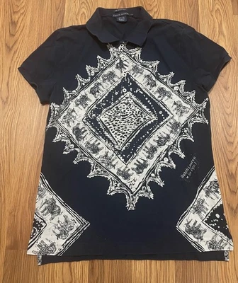 Ralph Lauren Polo Shirt Womens Large Navy The Skinny Elephant Bandana Print - Image 1 of 4