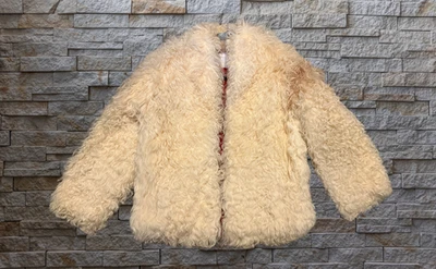 Bonwit Teller Vintage Beige Curly Lamb Fur Coat Red Satin Lining - Fits Small  - Image 1 of 4