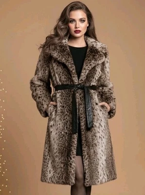 Vintage Faux Leopard Fur Coat Womens S Plush Pockets Leather Belt Mob Wife USA - Image 1 of 4