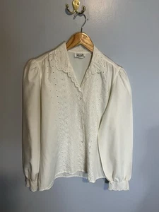 Cuello/mangas festoneadas vintage ojales marfil abotonados 8 abuela cottagecore - Imagen 1 de 7
