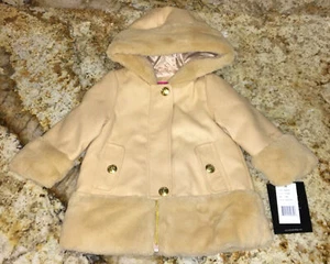 LONDON FOG Hooded Faux Fur Trim Camel Tan Dress Coat Infant Girls 12 18 - 24 Mos - Picture 1 of 9
