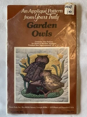 1979 Garden Owls Applique Quilt Pattern Yours Truly 12" x 12" No. 3031 Uncut - Image 1 of 3