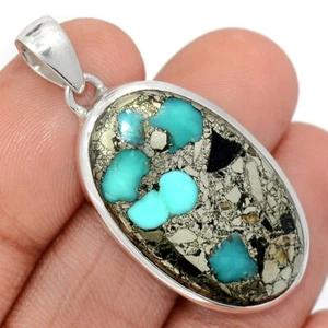 Composite Turquoise With Pyrite 925 Sterling Silver Pendant Jewelry CP35060 - Picture 1 of 1