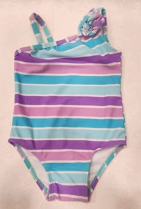 Traje de baño Circo Infantil Niña Una pieza púrpura rosa azul rayas talla 12 meses usado en excelente estado - Imagen 1 de 3