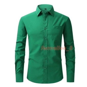Men's Stretch Slim Fit Button Up Long Sleeve Solid Color Dress Shirt Formal Tops - Picture 1 of 39