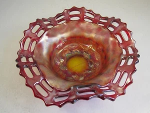 Old Fenton RED Blackberry 2 Row Open Edge W/Basketweave Back Carnival Glass Bowl - Picture 1 of 6