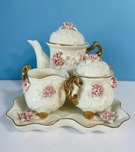Cottage Core Ivory ~Pink Cabbage Roses W/Gold Accents Porcelain 6 Piece Tea Set - Picture 1 of 24