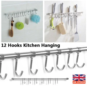 12 Hooks Stainless Steel Kitchen Wall Mounted Bathroom Utensil Hanging Rack Tool - Picture 1 of 12