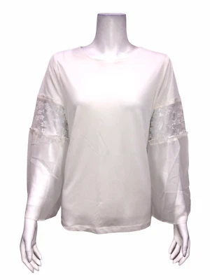 Susan Graver Liquid Knit Top with Chiffon and Lace Sleeves Ivory Large Size   Foto 1 de 2