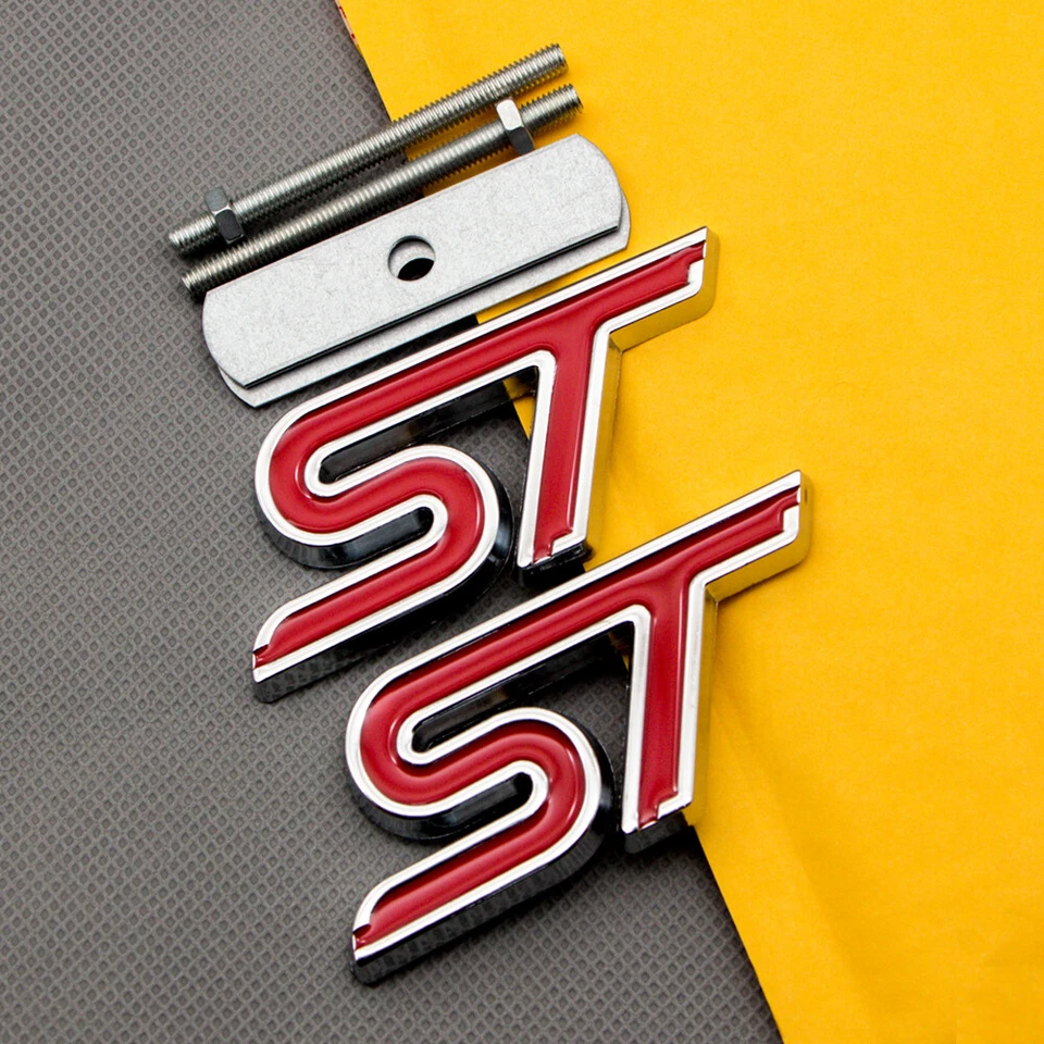 Chrome Red Metal ST Grille Emblem Logo + Rear Trunk Lid Sport Badge Car Sticker - Imagem 1 de 4