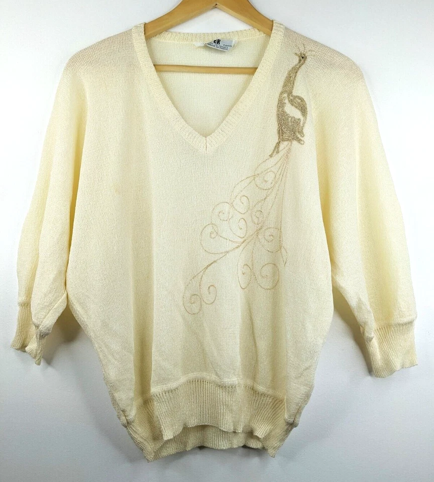 SUFER Париж винтажный 90-х женщин бежевый Павлин вышивка вязаный топ размер 10 12 M - Изображение 1 из 4