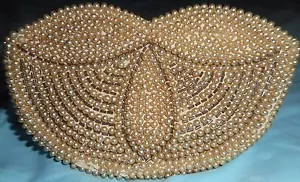 JAPAN Purse Hand Bag Clutch Beige Beads Pearls Silver Beads Handmade Vintage - Picture 1 of 9