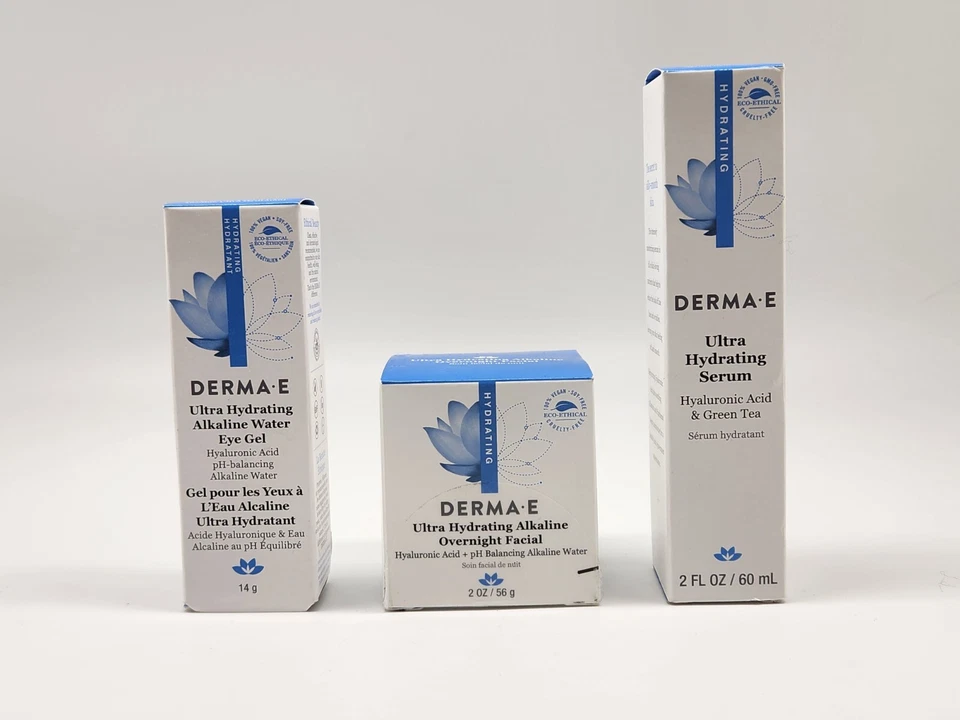 3 PC DERMA E Hydrating Alkaline Hyaluronic Overnight  Cream + Serum + Eye Gel - Image 1 of 4