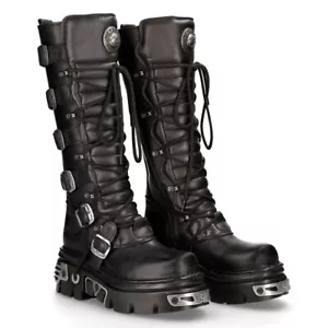 New Rock 272-S1 Black Boots Metallic Goth Knee High Zip Leather Buckle Boots - Picture 1 of 8