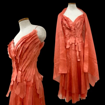Vestido De Colección Y2K Leonardo Chiasso Diseñador Seda Coral Borde Crudo Tela Foto 1 de 4