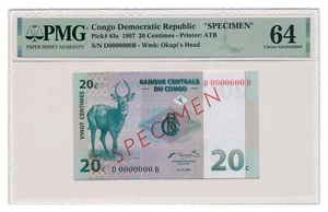 CONGO banknote 20 Centimes 1997 Specimen PMG MS 64 Choice Uncirculated - Picture 1 of 7