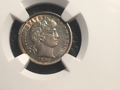1892 barber dime NGC AU 55 Beautiful Blue Green Toning Looks Higher Grade Cover