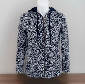 LIZ CLAIBORNE Hoodie Sweatshirt Sz S Navy Blue White Pattern Full Zip - Picture 1 of 9