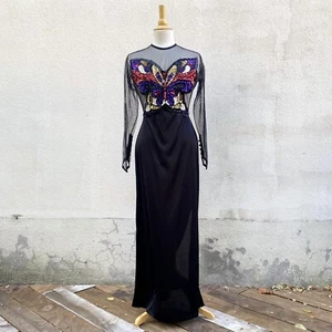 Vintage 1970s Black Satin Mesh Lace Sequin Butterfly Disco Maxi Dress Gown Small - Picture 1 of 7