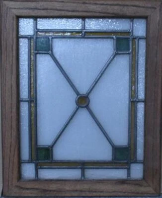 GEOMETRIC OAK FRAME OLD ENGLISH LEADED STAINED GLASS WINDOW 13 1/4" x 16 1/4" - Image 1 of 3