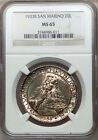 SAN MARINO 1933-R  20 LIRE SILVER COIN, GEM UNCIRCULATED, CERTIFIED NGC MS-65