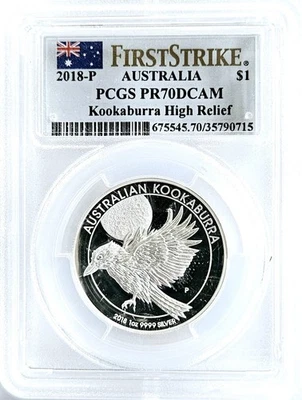 2018 Austrália Prata $1 Kookaburra Alto Relevo Prova PCGS PR70 First Strike - Imagem 1 de 3