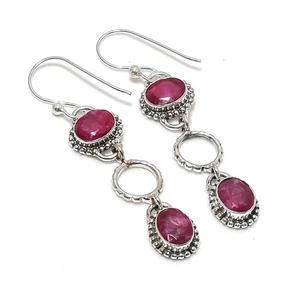 Lab-Created Ruby Gemstones Handmade 925 Steling Silver Jewelry Earrings - Picture 1 of 5