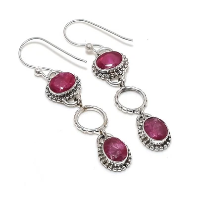 Lab-Created Ruby Gemstones Handmade 925 Steling Silver Jewelry Earrings - Image 1 of 4