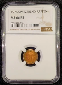 1976 Switzerland 1 Rappen Wheat Spike Bronze Coin Km 46 NGC MS 66 RB - Picture 1 of 5
