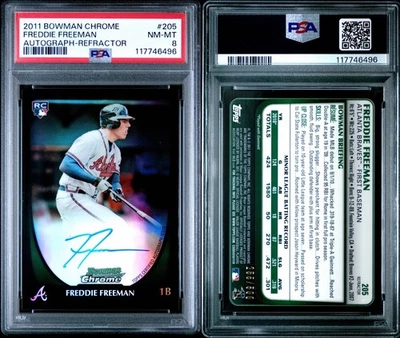 Freddie Freeman Bowman 2011 cromo refractor novato automático #/500 PSA 8 RC Foto 1 de 3
