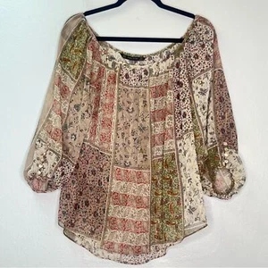 Zara Off The Shoulder Semi sheer Peasant Patchwork Paisley Pattern Blouse Sz L - Picture 1 of 11
