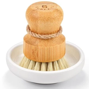 Bamboo Dish Brush Wooden Palm Scrubber for Dishwashing Cast Iron Pots - Picture 1 of 6