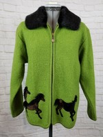 Lisa International Jacket-Med-100% Boiled Wool-Green-Horses-Fur Collar-Zip-NICE