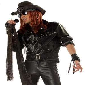 ADULT 80'S ROCK STAR BLACK LEATHER LOOK COSTUME JACKET - Picture 1 of 1