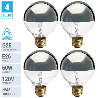 4 Pack 60G25 Globe Bulbs 120V 60W G25 Medium E26 Half Chrome Mirror Silver Crown