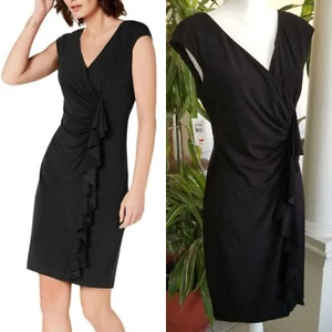 Connected Apparel Sz 6 Black Ruffled V-Neck Knee Length Dress Business Office - Picture 1 of 11